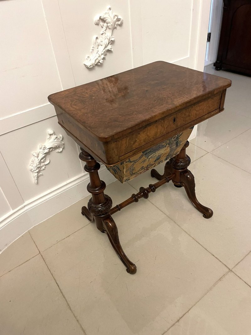 Antique Victorian Quality Burr Walnut Freestanding Sewing/Lamp Table - Image 3